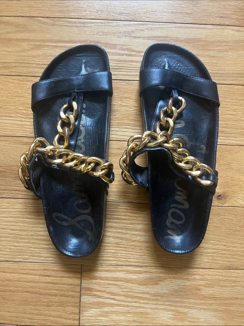 Sam Edelman black Slide Sandals with Gold Chain Accent - Women